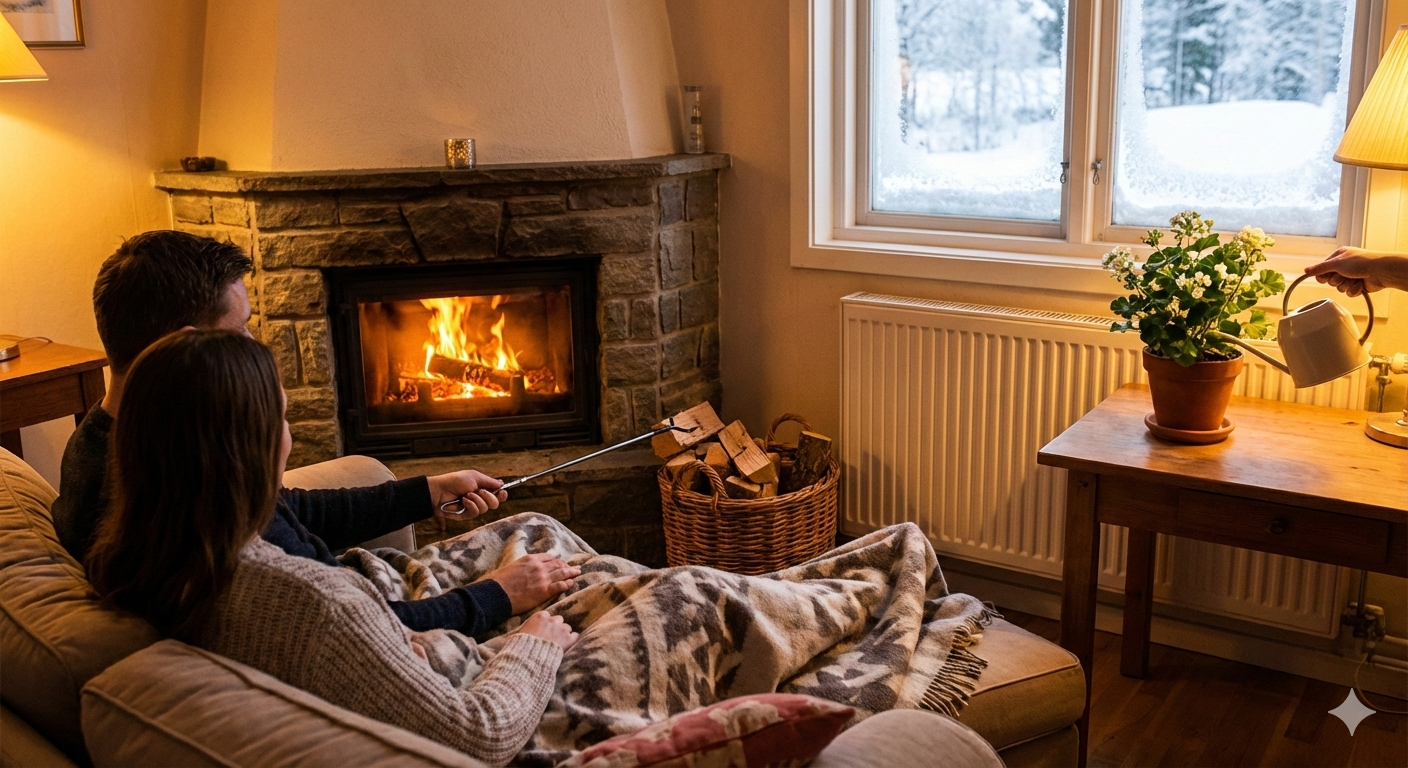 Zdjęcie kominka i kwiatka